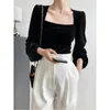 Women's T Shirts Black Velvet Square Collar Blouse Women's Autumn Puff Sleeve Shirt Long Low Neck Sexy Tops Korean Fashion