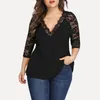 Women's Tanks 3/4 Size Patchwork Women Fashion Lace Sleeve V-Neck Tops Blouse Chiffon Tunics For