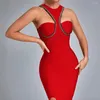 Sukienki swobodne Wysokiej jakości czerwony moda body bandage bandaż midi sukienki seksowne na ramię wieczorne imprezowe klub kruszy