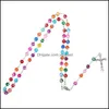Naszyjniki wisiorek religijne katolickie tęczowo -tęczowe Rosary długi Jezus Cross 8 mm łańcuchy koralików dla kobiet mody chrześcijański 85 Dro Dhmo4
