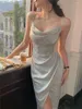 Casual Dresses Corset Ruched Midi Satin Dress Women Spaghetti Strap Bodycon Elegant Party Sexy Slim One Piece Spring Summer N287