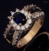 Wedding Rings Luxurious Blue Red Zircon Fashion Men's And Women's Gold Color Anniversary Unisex Jewelry Wholesale