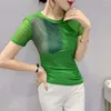 Women's T Shirts Summer Green Mesh Shirt Women Short Sleeve O-neck Sexy Tight Basic Female Elastic Korean Fashion Tee Femme