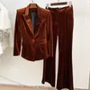 Women's Two Piece Pants Autumn OL Elegant Suit Korean Style Velvet Blazers Jackets Bell-bottomed Set F027Women's