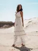 Abiti casual Happie Queens Donna senza spalline Bianco Scava Fuori Beach Bohemian Maxi Robe Lady Scollo a V Polso Abito da sera Abiti da festa