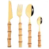 Dijksiesets luxe roestvrijstalen set 4/5/6/7 stcs natuurlijke bamboe handle gold tafels messen dessert vorken lepel bestek