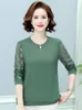 Kadın bluzları 2023 Bahar Olgun Kadınlar Mor Yeşil Dantel Kontrast Tasarım Yuvarlak Boyun Uzun Kollu Düz Renk Top Şık Şık Giysiler