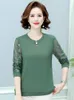 Kvinnors blusar 2023 Spring Mature Women Purple Green Spets Kontrast Design Rund hals långärmad vanlig färg Topp Chic Classy -kläder