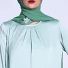 Etnisk kläder Spring Autumn Solid Color Women Satin Long Dress Muslim Sleeve O-Neck Loose Caftan Party Evening Robe Islamic Arabic Abaya