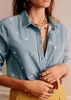 Kadın bluzları işlemeli çiçek kadınlar dönüş yakalı denim gömlek 2023 erken bahar retro bayan tek göğüslü uzun kollu bluz üstü