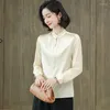 Kvinnor BLOUSES 2023 92% REAL SILK Kvinnors skjorta Elegant Fashion Stand Collar Long Sleeve Woman Shirts Office Lady Lady Blue Tops