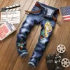 New Style Men's Jeans Pants Tiger Head Embroidered Slim Straight Male Tight Trousers Trend Blue Motorcycle Jeans Streetwear C2910