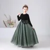 Meisjesjurken Kid Girls Princess Dress Jurk Vintage Velvet Formele Pageant -jurken Lange mouwen 2023 TULLE FLOOM Bruiloft Verjaardagsfeestje