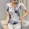 Women's T Shirts Tie Dyed Printed Mesh Shirt Women White Sexy Stretch Short Female V-neck Tight Woman T-shirts Thin Summer 2023