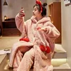 Kadınların Pijama Sonbahar Kış Kalın Sıcak Zarif Sıcak Sıcak Katı Çöp Pijama Seti Coral Velvet Gevşek Güz