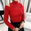 Women's Blouses & Shirts Fashion Off Shoulder Blouse Women Lace Patchwork Half High Collar Elegant Womens Tops And Pure Color Female