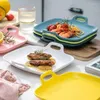 Plates Creative Home Furnishing Two-Handle Cooking Plate Oven Steak Cheesecake Ceramic Candy Color Glaze Tableware