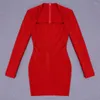 Casual Dresses High Quality Fashion Square Collar Long Sleeve Red Rayon Spandex Dress Celebrity BodyCon Evening Party Bandage