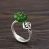 Ringos de cluster fnj 925 anel de prata para jóias femininas originais Pure S925 Sterling Natural Hetian Jade Green Flower