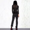 Jumpsuits voor dames rompers mysterieuze zwart gelaagde kwastje Fringe Mesh Legging v nek lange mouw zie door been bodycon sexy femme bandag