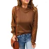 Women's T Shirts Women's Fashion T-Shirt Autumn Winter Long Sleeve Round Neck Lace Female Loose Waffle Patchwork Tops