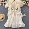 Casual Dresses 2023 Spring Elegant V-ringning Lace Sequin Dress Gentle Feminin midja Thinover-the-Knee Long-Sleeve Short kjol Kvinnor