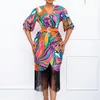 Party Dresses Elegant Women Tassels Evening Dress 2023 Multicolor Printing Puff Sleeves V Neck Fashion Bodycon VintageParty