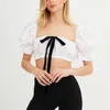 Damenblusen, weißes Crop-Top für Damen, 2023, Sommer, koreanische Bluse, elegante lässige Lolita-Spitze-Stickerei-Shirts, Kurzarm-Frontkrawatte