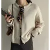 Cardigan en cachemire pur pour femmes, tricot, t-shirt, ruban avec nœud papillon, pull, tempérament du début du printemps, col rond, manteau en laine ample pour femmes