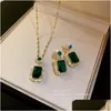 Pendant Necklaces Fashion Jewelry Choker Pedant Necklace S925 Siver Post Dangle Earrings For Women Green Crystal Rhinestone Geometri Dhzt2