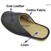 Slippers Cow Leather slippers men big sizes Linen home male indoor house for Men's slippers women man slipper Luxury soft Flat shoes 0120V23