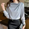 Kvinnors blusar koreanska mode veckade chiffongblus 2023 professionella kontor lady tops eleganta kvinnor långärmad skjorta