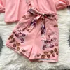 Women's Tracksuits Women Fashion Spring Autumn Chiffon Floral Print V-neck Long Sleeve Tops Drawstring Loose Bow Shorts Two-piece Sets E609