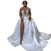 2023 A Line Wedding Dresses With Detachable Train Overskirts One Shoulder Satin Beading Lace Side High Split Sexy Vestidos De Novia African Long Sleeve Bridal Gowns