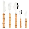 Dijksiesets luxe roestvrijstalen set 4/5/6/7 stcs natuurlijke bamboe handle gold tafels messen dessert vorken lepel bestek