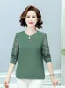 Blouses femininas 2023 Mulheres maduras maduras Purple Green Lace Contrast Design Round Ncond Manga Longa cor lisa Top chique de roupas elegantes