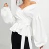 Women's Blouses Women Vintage Lantern Sleeve Shirts Sexy Off Shoulder Wrap V-Neck Solid Color Blouse Tie Waist Bowknot Ruffle Hem Casual