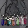 Pendentif Colliers Arc-En-Verre Hexagonal Colonne Point Cuir Cordon Collier Cylindrique Charmes Minéraux Guérison Cristal Bijoux Dro Dh4Ya