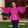 Kvinnors blusar haoohu afrikanska kvinnors blus 2023 Autumn Solid Color U-Neck Lantern Sleeve Ruffle Fashion Temperament Casual Pullover Tops