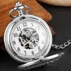 Pocket Watches Vintage Silver Hand Wind Mechanisch horloge Men Holle Gear Dubbelzijdige Steampunk Skeleton FOB-ketting met ketting