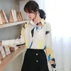 Women's Blouses 2023 Spring Hong Kong Flavor Retro Printed Long-sleeved Shirt Female Yellow Small Fragrance Chic Ladies Top