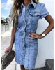 Party Dresses 2023 Summer Retro Light Blue Short Sleeve Denim Dress For Women Fashion Slim Jeans Office Ladies Casual Clothes S-XL