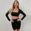 Survêtements pour femmes 2023 Sexy Costume Serré Noir Body À Manches Longues Ruché Deux Pièces Ensemble Lady Party Club Corset Top Jogging Leggings Pantalon