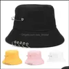 Stingy Brim Chapeaux Mode Rue Solide Couleur Fer Pin Anneaux Personnalité Seau Chapeau Cap Coton Pêcheurs Casquettes Pour Unisexe Femmes Hommes Dro Otv2S