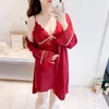 Vêtements de nuit pour femmes Sexy évider femme chemise de nuit robe ensembles dentelle garniture kimono peignoir chemises de nuit mariée lingerie salon vêtements de nuit