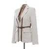 Frauen Anzüge Patchwork Strap Hit Farbe Blazer Frauen Kerb Kragen Langarm England Stil Weibliche Mode Kleidung 2023