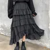 Röcke Goth Lolita Midi Langer Damen-Maxirock mit hoher Taille Sommer Asymmetrische Rüschen Rüschen Gestufte Plissee Mittelkalb Faldas