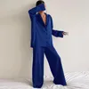 Indumenti da notte da donna Pigiama da donna Seta Taglio basso Sexy monopetto Maniche lunghe Pantaloni a gamba larga Pigiama Set Abbigliamento da notte Donna