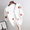 Women's T Shirts Hand-Embroidered Cute Strawberry Knitted T-shirt For Women V-neck Sweater Cardigan Short Coat Korean Style Outer Wear