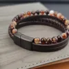 Charm Bracelets Vintage Multilayer Genuine Brown Leather Men Bracelet Agate Stone Bead Stainless Steel Jewelry Male Wrist Bangle GiftCharm